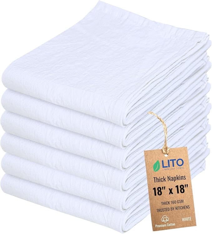 Thick Cotton Napkins – Flour Sack Napkin for Kitchen, Set of 6 (18"x18"), 100% Cotton, Highly Absorbent Hand Towels, Reusable Baking Cloths for Bread Proofing, Pastry & Tea Towels – White by LITOLinenandTowel