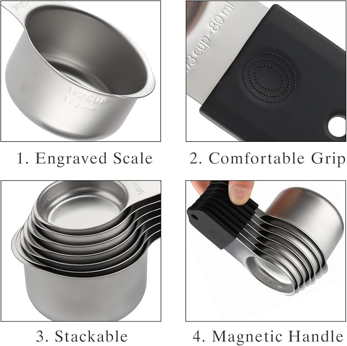 Magnetic Measuring Cups and Spoons Set Stainless Steel Measuring Cup&Spoon | 7 Stackable Measuring Cup 8 Double Sided Magnetic Measuring Spoons with 1 Leveler for Dry and Liquid Ingredients (black) - Image 3