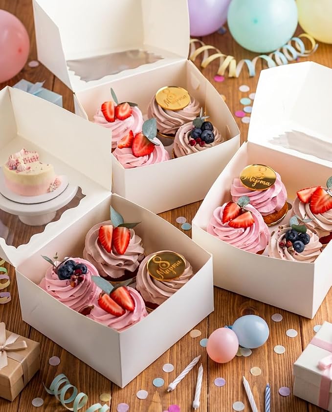 qiqee Auto-pop Up Cupcake Boxes with Window White 100PCS 4 Count Cupcake Box 6.3"x6.3"x3" Cupcakes Carrier, 4 Cupcake Containers - Image 6