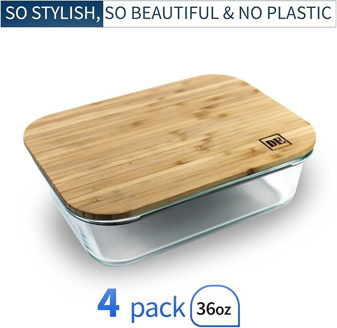 Glass Food Storage Containers with Bamboo Lids (4-Pack, 36oz) Airtight, Leakproof, BPA-Free Borosilicate Glass Meal Prep Containers – Eco-Friendly, Oven/Microwave/Freezer Safe-Plastic-Free & Reusable - Image 2