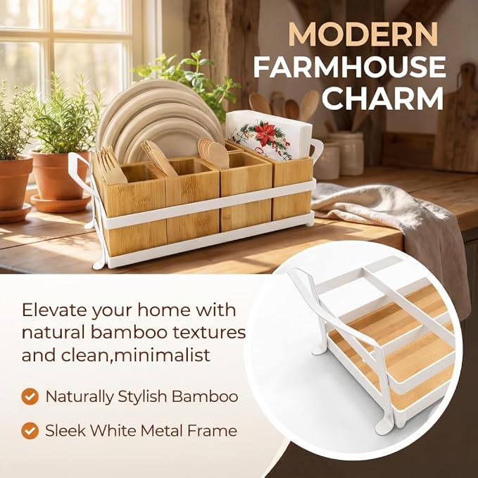 Bamboo Utensil Caddy with Handle - 5 Compartment Silverware Holder for Party & Kitchen Countertop - Removable Wooden Flatware Organizer for Picnic, BBQ, Buffet, RV & Outdoor Dining - Image 7
