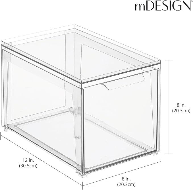mDesign Plastic Stackable Bathroom Storage with Pull Out Bin Organizer Drawer for Cabinet, Vanity, Shelf, Cupboard, Cabinet, or Closet Organization - Lumiere Collection - Clear - Image 3