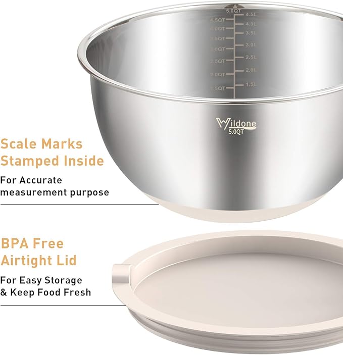 Wildone Mixing Bowls with Airtight Lids Set, 5PCS Stainless Steel Khaki Nesting Bowls for Kitchen, with Grater Attachments & Non-Slip Bottoms, Size 5, 3, 2, 1.5, 0.63 QT, Great for Mixing & Serving - Image 2