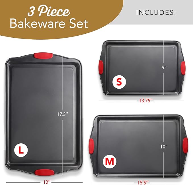 Eatex Nonstick Baking Sheet Set, 3-Piece Baking Pans Set with Silicone Handles, Carbon Steel Cookie Sheets for Baking, Commercial Grade Quality Oven Tray, Quarter/Jelly Roll/Half Sheet Pans for Baking - Image 3