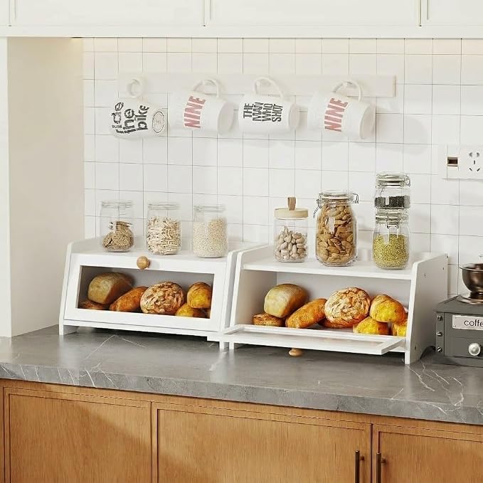 BAMBANG Bread Box for Kitchen Countertop, Bamboo Bread Box for Homemade Bread, Wooden Farmhouse Bread Storage Container, Large Breadbox Bread Bin Organizer for Counter Cabinet Pantry, White - Image 2