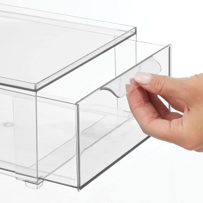 mDesign Plastic Stackable Bathroom Storage Organizer Bin Containers with Front Pull Drawer for Bathroom Countertop, Vanity, Closet Shelves - Holder for Beauty Accessories - Lumiere Collection - Clear - Image 5