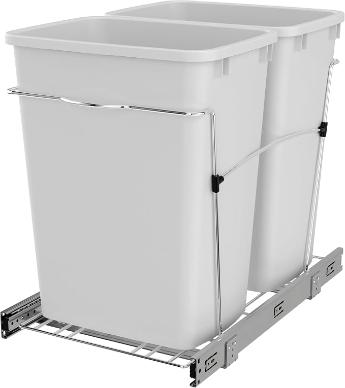 Rev-A-Shelf Double 35 Qt Pullout Trash Can for Base Kitchen Cabinets, Garbage Waste Bin System with Full-Extension Slides, Min Opening Width of 14.5" White/Chrome, RV-18KD-11C S by Rev-A-Shelf