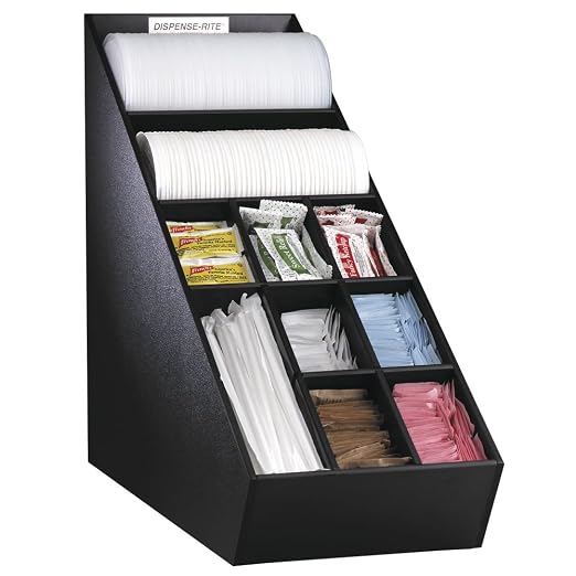 NLO-1B Countertop Multi-Purpose Lid, Straw and Condiment Organizer, Narrow Design with Removable Dividers, Durable Black Polystyrene, 16.5” H x 8” W x 20.5” D by DISPENSE-RITE