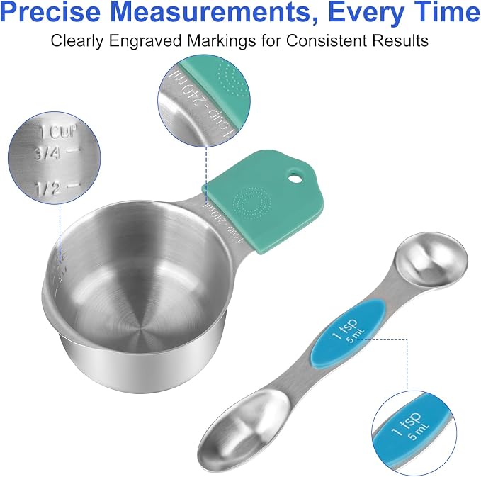 Magnetic Measuring Cups and Spoons Set, Strong N52 Magnets, Heavy Duty 304 Stainless Steel Fits in Spice Jars for Baking & Cooking, BPA Free, Round Set of 15 with Leveler Blackr, Light Colorful - Image 3