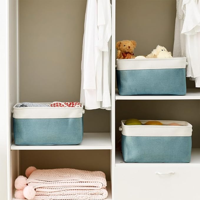 Fabric Storage Bin with Handles,Storage Basket for Home Storage and Organization, Shelf Basket with Cover for Living Room Bedroom Closet（White & Green Large,15.7L*11.8W*8.3H - Image 3