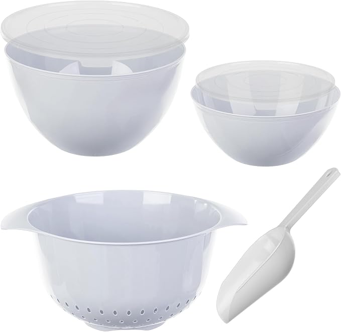 KADAX Plastic Bowl Set - Mixing Bowls with Lids 1.5L & 3L, Scoop & 3.5L Kitchen Strainer - Stackable Kitchen Accessories for Baking, Cooking, Washing & Storing - Image 4