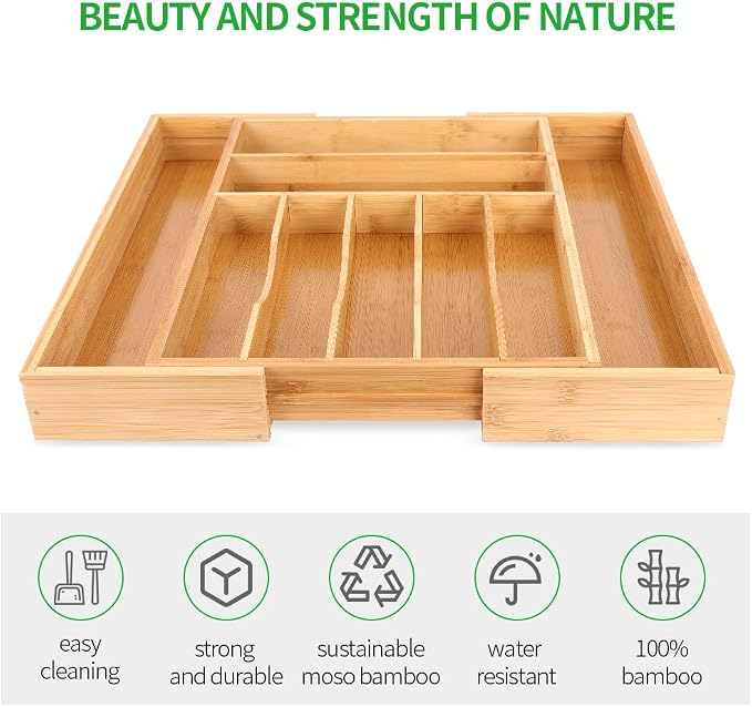 Aikang Bamboo Kitchen Drawer Organizer - Expandable Silverware Organizer/Utensil Holder and Cutlery Tray with Grooved Drawer Dividers for Flatware and Kitchen Utensils (Natural) - Image 2
