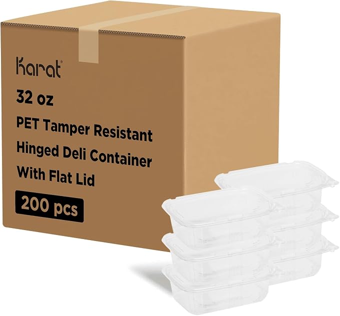 Karat 32oz PET Tamper Resistant Hinged Deli Container [200 ct] - Plastic Clamshell Food Containers, Easy Open Pull-Tab for Restaurants & Takeout - Image 6
