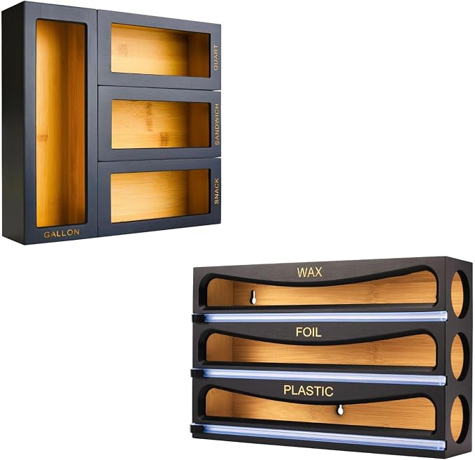 Bamboo Bag Organizer (4 Pieces Set) and Wrap Dispenser Bundle for Kitchen Drawer (Black) by CozeeBay