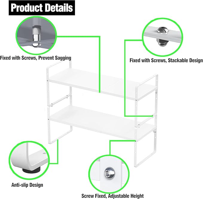 ‎Expandable Kitchen Cabinet Storage Shelf, Stackable Metal Pantry Storage Shelves Organizer, Adjustable Height Counter Spice Rack for Kitchen Cabinet (White - 16.5"-27" L x 10.2" W x 9.6" H - 3Pack) - Image 4