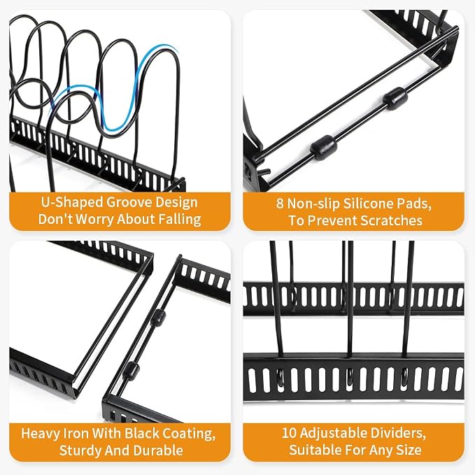 Expandable Pot Organizer Rack, Pans and Pots Lid Organizer Rack Holder with 10 Adjustable Compartment for Kitchen Cabinet Cookware Baking Frying Rack, Black… - Image 5