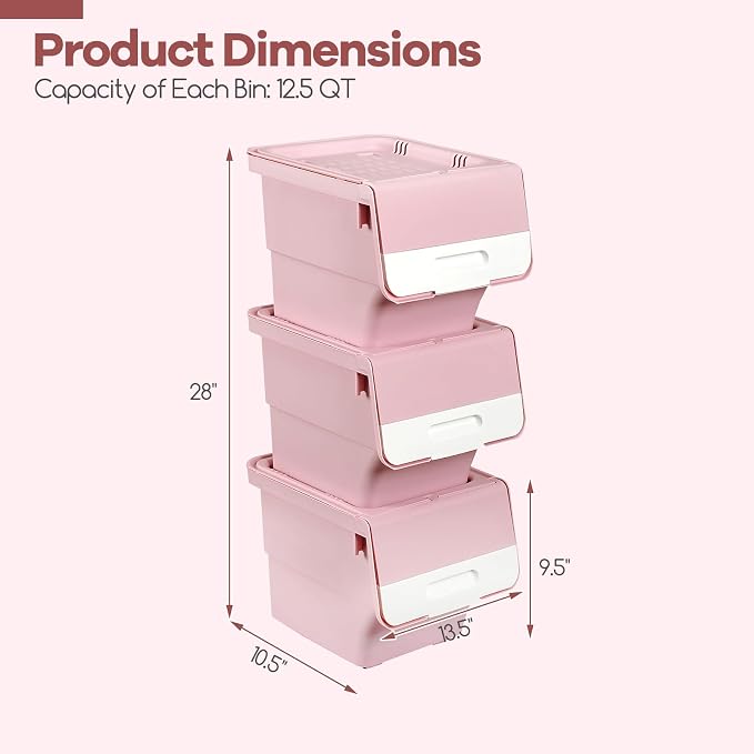 GIANTEX 3 Pack Plastic Stackable Storage Bins with Lids & Wheels, 12.5 QT | Open Front Stacking Bins, Organizer Bins for Pantry, Kitchen, Laundry, Closet, Playroom, Bedroom Organization - Image 4