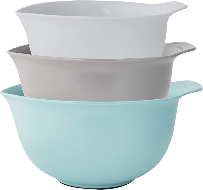 KitchenAid Universal Nesting Plastic Mixing Bowls, Set Of 3, 2.5 quart, 3.5 quart, 4.5 quart, Non Slip Base with Easy Pour Spout to Reduce Mess, Dishwasher Safe, Aqua Sky, White, Gray - Image 2