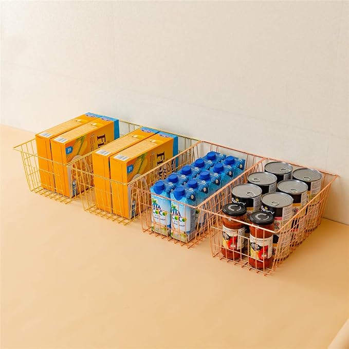 SANNO Wire Storage Basket, Farmhouse Pantre Freezer Baskets bins Metal Baskets Kitchen Storage Organizer Bin for Pantry, Shelf, Freezer, Kitchen Cabinet, Bathroom, Rose Gold - Image 5