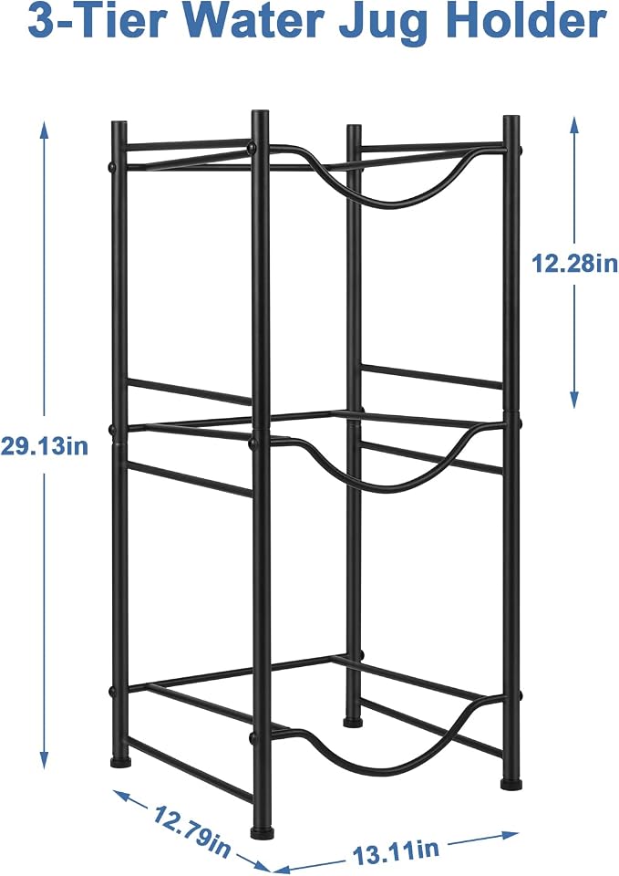 smusei 5 Gallon Water Bottle Jug Holder 3 Tier Heavy Duty Cooler Jug Storage Rack Detachable Bottle Organizer Shelf for Home Kitchen Office Space Save, Black - Image 2