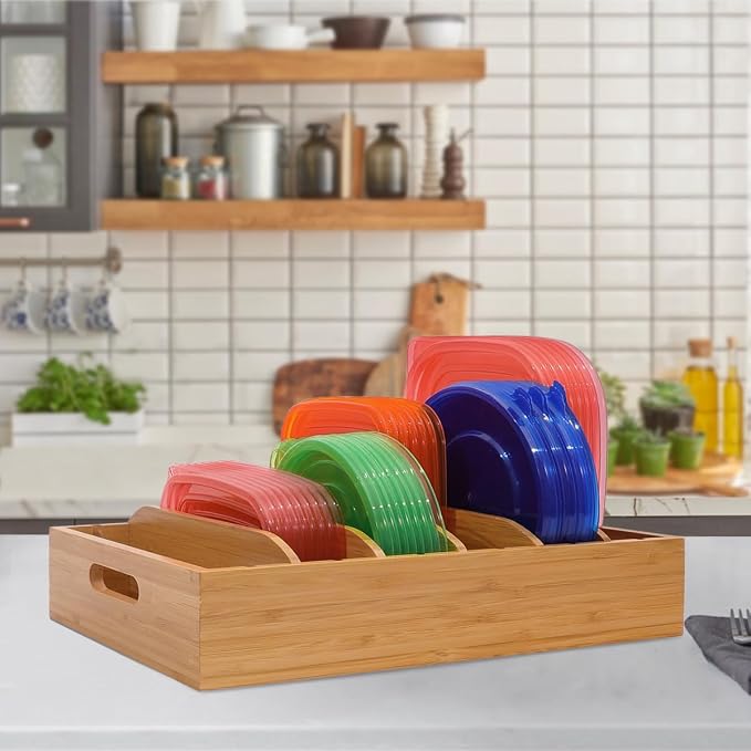 Bamboo Lid Holder Food Container, Kitchen Organizer with 5 Adjustable Dividers, Cabinet Organizer for Food, Kitchen Gadget, Container Lids (2pcs) - Image 6