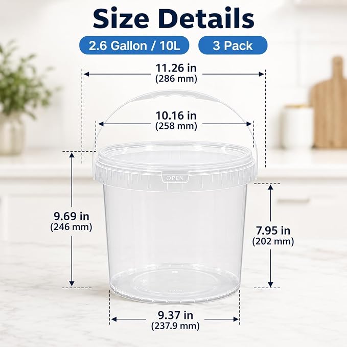 DEMORA 3 Pack 2.6 Gallon Food Grade Storage Buckets with Lids, Clear | BPA-Free & Stackable, Leakproof Freezer Safe; For Deli, Ice Cream, Meal Prep, Cleaning, Car Wash & Fishing - Image 2