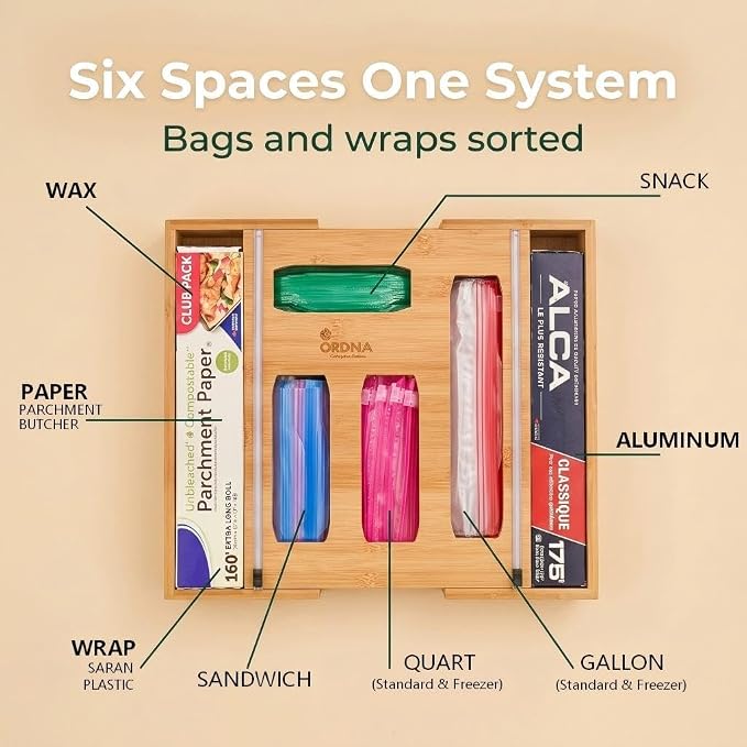 3" Slim 6-in-1 Expandable Storage Bag Organizer Kitchen Drawer - Bamboo Baggie Organizer for Drawer, Aluminum Foil & Saran Wrap Cutter, Plastic, Gallon, Quart & Sandwich Bags (11.5"-17.63" Wide) - Image 7
