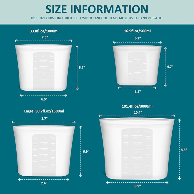 8-Pack Reusable Silicone Food Storage Bags, 100% Silicone Stand-Up Wide-Open Zip-Lock Reusable Storage Bags for Food, Freezer Microwave Oven Dishwasher Safe, Translucent, 2XL(0.8 Gallon) 2M 2S 2XS - Image 6