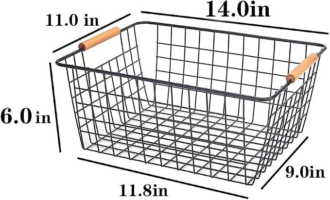 LeleCAT Large black wire basket for Organizing with Wooden Handles,pantry refrigerator organizers and storage,Snack Storage Baskets for Cabinets, Closets, Bedrooms, kitchen -2pack（Black） - Image 2