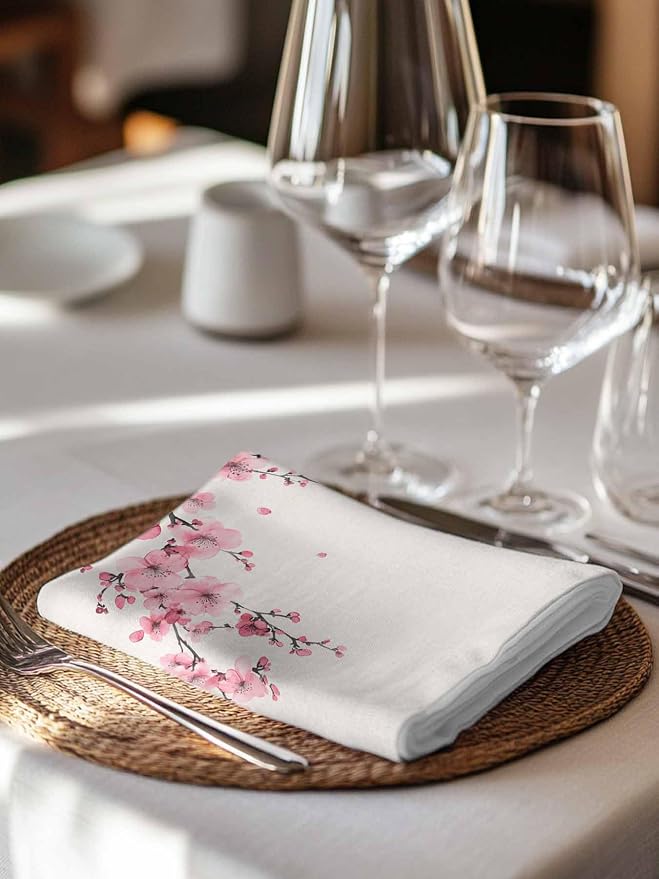 Cherry Blossom Cloth Napkins Set of 8 - Washable Dinner Napkins Reusable Table Napkins for Home Party Weeding Dining Table Setting Decoration, Pink Asian Japanese Burlap Beige Oversized 20"x20" - Image 5