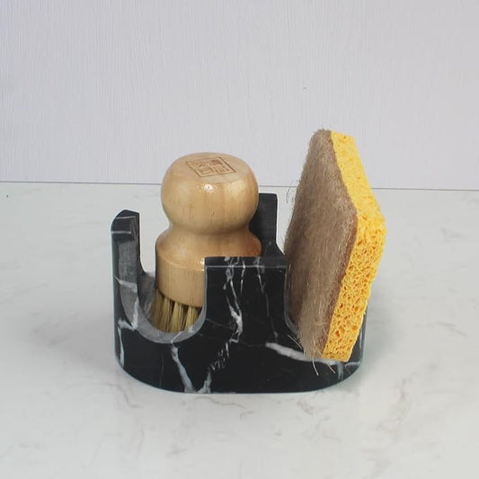 Natural Travertine Marble 2-Slot Sponge Holder for Kitchen Counter, 2-in-1 Stone Drying Rack, Sponge Caddy for Sink Organizer - Nero Portoro Marble by Nawgnail