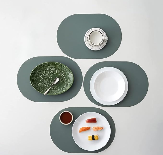 Sage Green Oval Silicone Placemats Set of 4 – Heat Resistant, Waterproof, Easy to Clean Non-Slip Modern Dining Table Mats – Premium Leather Textured Japandi Kitchen Decor by Unknown