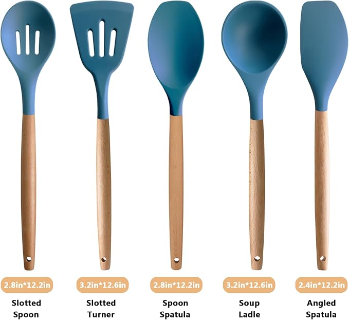 Silicone Kitchen Cooking Utensils Set 5Pcs Non-Stick Silicone Kitchen Utensils Set Spatula Spoon Turner Ladle with Wooden Handle, Heat Resistant Cooking Gadgets for Nonstick Cookware BPA-FREE - Image 3