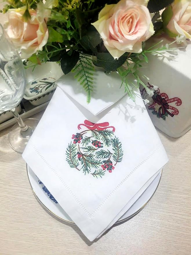 Embroidered Cloth Napkin Pine Ornament Christmas Cotton Napkins Set of 6, 20x20 Hemstitch Table Napkins Machine Washable, Daily & Christmas, Great Present Ideas - Image 8