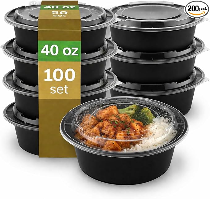 [40 oz Round Meal Prep Containers with Lids – BPA-Free Food Storage Containers, Bento Box for Restaurant & Catering Use, Stackable, Microwave, Dishwasher, Freezer Safe – 100 Pack by ProTakeOut
