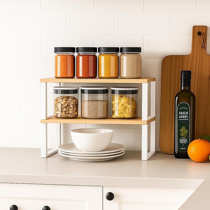 Sben Cabinet Organizer Shelf, Set of 2 Kitchen Counter Shelves, Kitchen Storage, Spice Rack, Stackable, Expandable, Metal and Engineered Wood, Cloud White and Natural Beige - Image 2