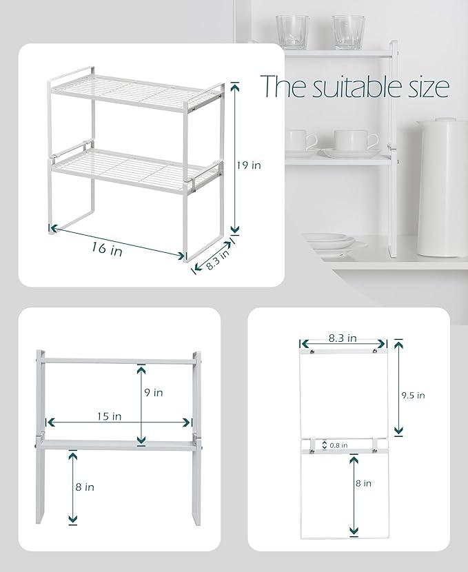 Shantton Cabinet Shelf Organizer, Pantry Shelf Rack, White 16x8.3x9.5 | 2-Pack Stackable Metal Riser Holds 40LBS with Non-Slip Feet for Kitchen Pantry Bathroom Countertop Freezer Cupboard - Image 3