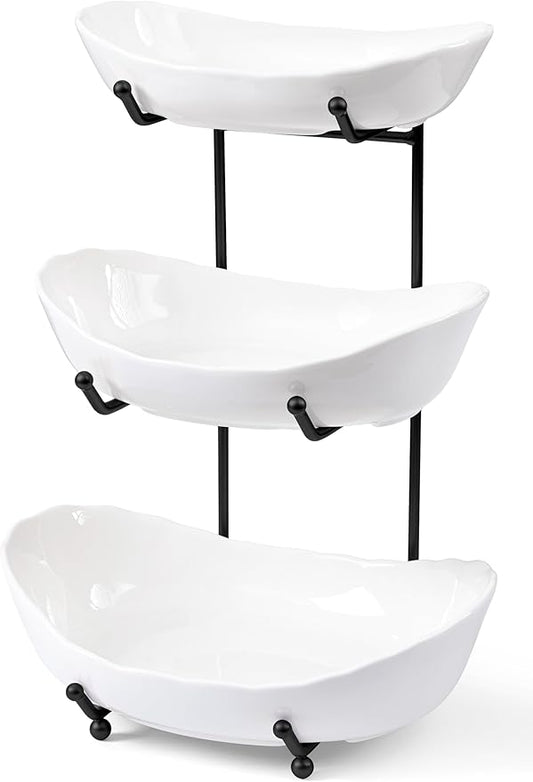 HBlife Fruit Bowl for Kitchen Counter - 3 Tier Ceramic Fruit Rack, Fruit Basket for Fresh Fruit&Veggies, Tiered Fruit Platter Serving Trays for Party by HBlife