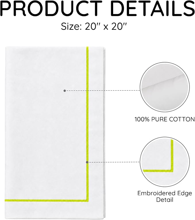 Cloth Napkins Set of 4, 20x20 inch, 100% Pure Cotton Hand Embroidered French Knot, Reusable & Machine Washable, Elegant Table Napkins for Dinner, Weddings, Parties (Yellow Line) - Image 3