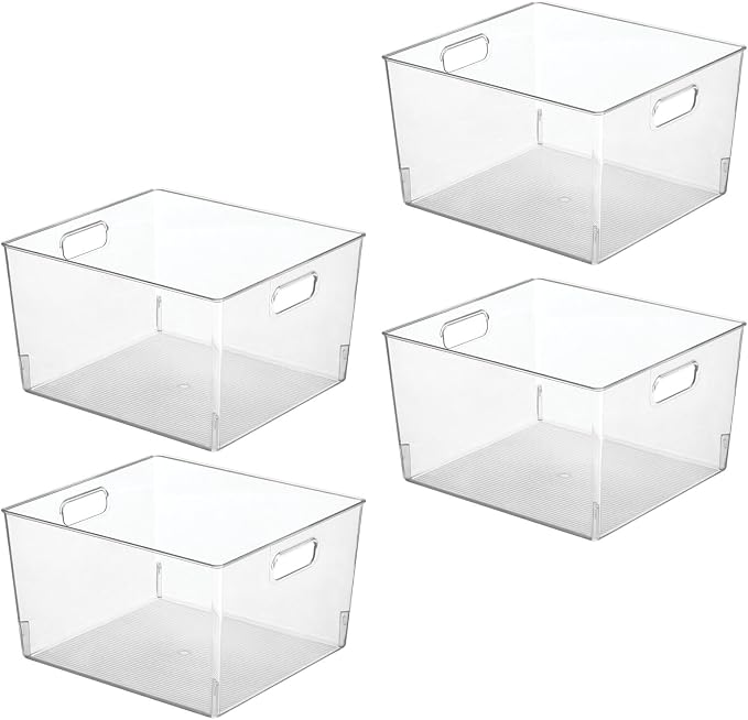 mDesign Large Modern Stackable Plastic Storage Organizer Bin Basket with Handles for Bathroom Vanity Organization - Shelf, Cubby, Cabinet, or Closet Organizing Decor - Ligne Collection - 4 Pack, Clear - Image 7
