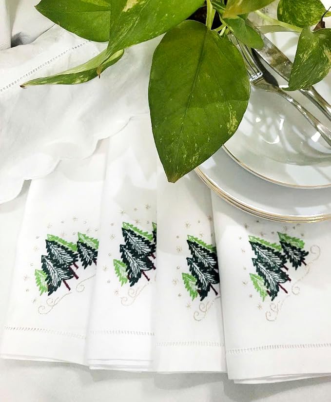 Embroidered Cloth Napkin Christmas Trees Cotton Napkins Set of 6, 20x20 Hemstitch Table Napkins Machine Washable, Daily & Christmas, Great Present Ideas - Image 6