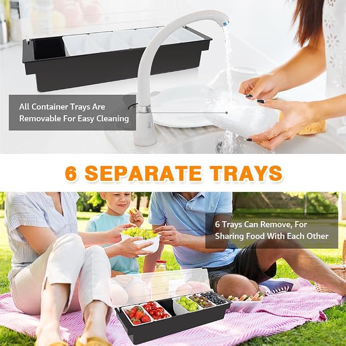 Chilled Condiment Caddy Server With Lid 6 Compartment Garnish Tray | Plastic Condiment Container Garnish Tray For Bartenders,Bar Condiment Fruit Caddy With Lid And Removable Trays - Image 3