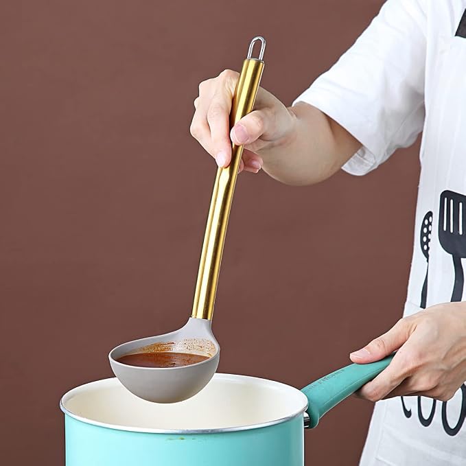 Gold Ladle, Berglander Non-stick Silicone Kitchen Ladle With Titainium Gold Plating handle, Soup Ladle, Cooking Ladle Soup Spoon For Cooking, Dishwasher Safe, Easy to Clean - Image 6