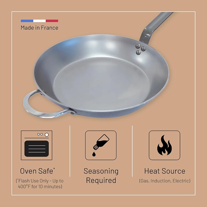 de Buyer MINERAL B Carbon Steel Fry Pan - 14” Diameter, 10.25” Cooking Surface - Ideal for Searing, Sauteing & Reheating - Naturally Non-Stick Finish - Made in France - Image 4