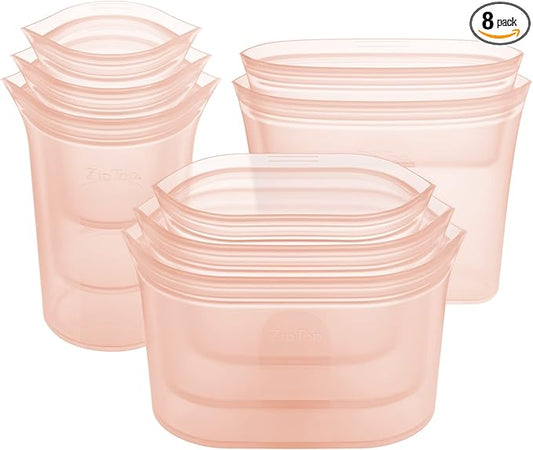 Zip Top Reusable Food Storage Containers Full Set of 8 Peach – Platinum Silicone Cups, Dishes & Bags – Microwave, Dishwasher & Freezer Safe – Made in USA, BPA-Free by ZipTop