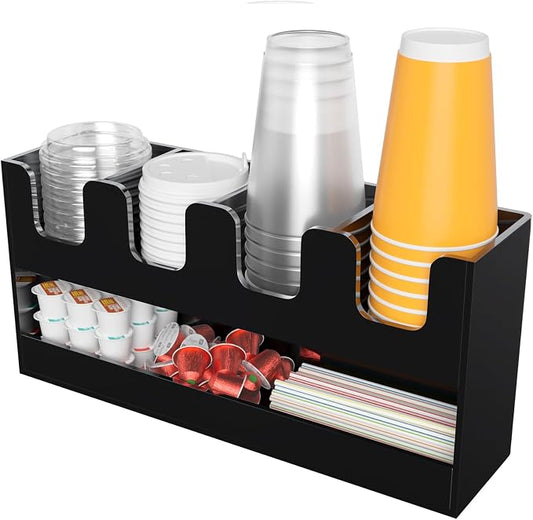 Beego 5-Compartment Cup Holder for Countertop - 2-Tier Black Acrylic Cup Dispenser Coffee Station Paper Cup and Lid Organizer Condiment Storage for Restaurant Breakroom Kitchen Bar Accessories by beegoofficial