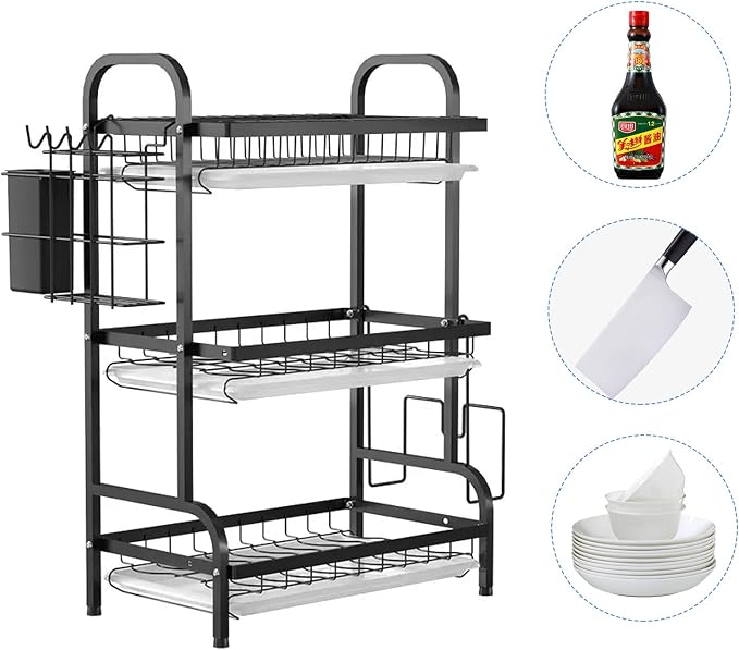 KUK 3 Tier Dish Drying Rack, Stainless Steel Over The Sink Dish with Drain Tray, Kitchen Dishes Drying Racks, Dish Racks for Kitchen Counter Storage (Black) - Image 2