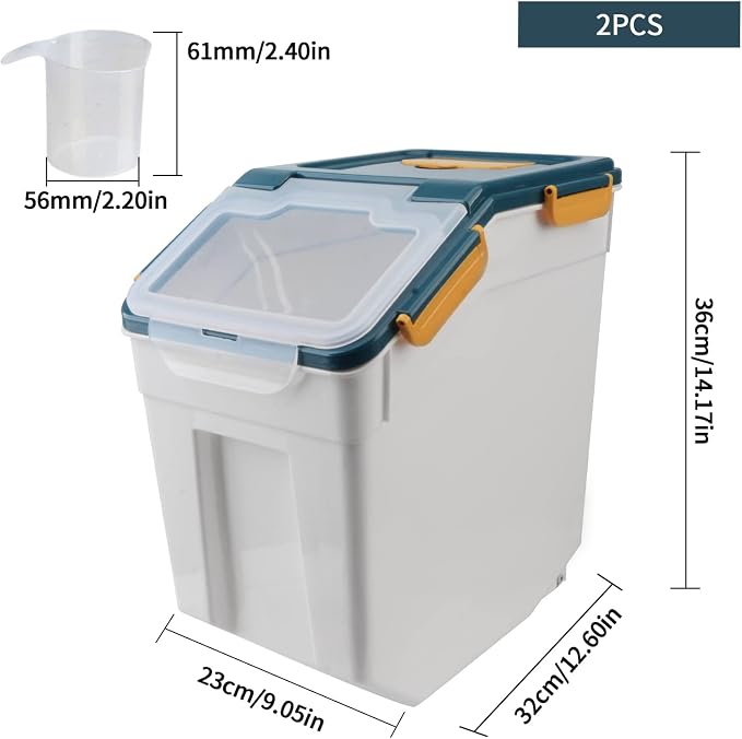AnRui Flour Storage Container 25lb, Grain Storage Bucket, Airtight Rice Cereal Dispenser Organizer Box with Lid, Wheat Berry Storage Bin with Measuring Cup, Scoop, Wheels, 2Pcs Blue - Image 8