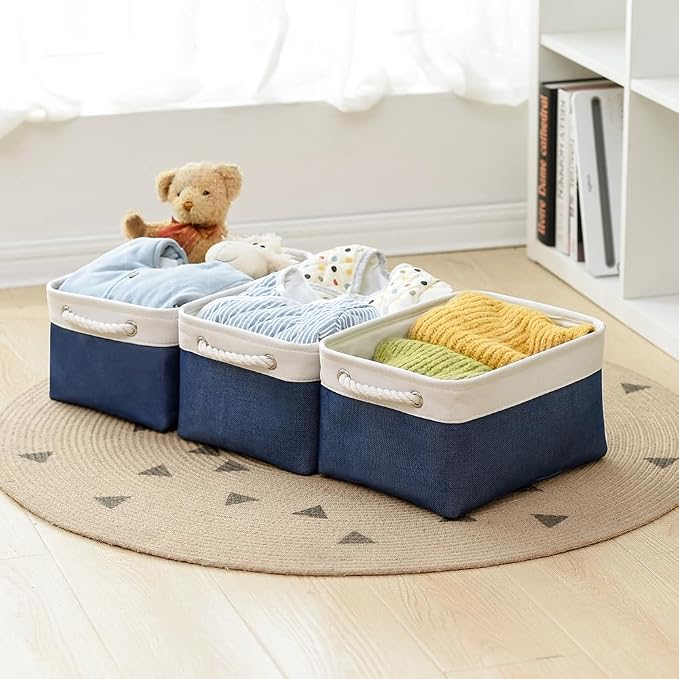 Storage Bins for Shelves - 1 Pack 13.8x9.7x6.7 inch Collapsible Storage Basket for Organizing, Dog Toy Bin for Closet Organizer laundry Cloth Nursery (White & Jean Blue) - Image 4