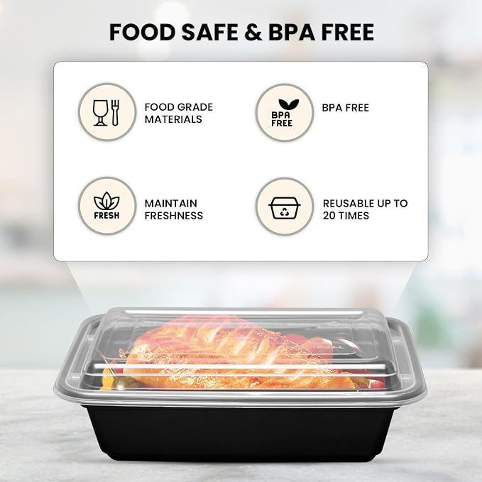 Klex 38 Oz, 150 Sets Meal Prep Containers with Airtight Lids, BPA Free, Reusable Plastic Food Container, 38 oz, Rectangular, Black/Clear, 150 Sets - Image 3